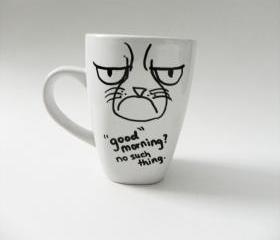 grumpy cat - 'good' morning? no such thing. - mug // hand-drawn/written